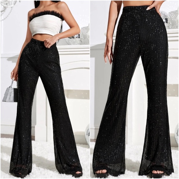 Luxe Sequin Stretchy waist Flare Wide leg Pants - Picture 3 of 4
